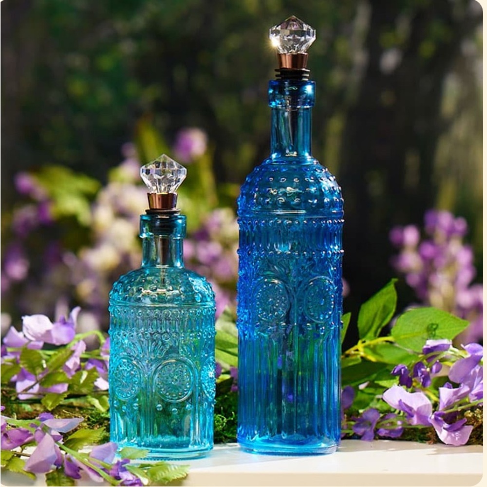 Set Of 2 Glass Bottles Blue Bottles with Crystal Stoppers